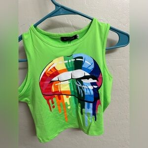 Neon Green Crop Top with Rainbow Lips Graphic